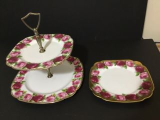 Royal Albert Old English Rose 2 Tier Cake Stand And Bonus Plate Made In England
