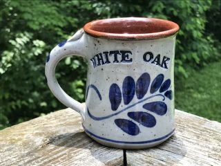 Vintage Stoneware Mug Cobalt Blue Leaf White Oak Salt Glaze Pottery Signed
