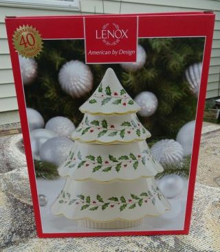 Lenox Holiday 10.  5 " Christmas Tree Cookie Jar Dimension Holly & Berry Design