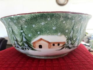 Log Cabin Christmas Holiday Bowl " The Cellar " 1995 Hand Painted Italy 11 In.
