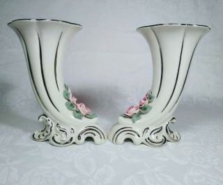 Dresden vintage porcelain cornacopia/horn of plenty vases mantle decor 2