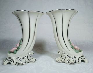 Dresden vintage porcelain cornacopia/horn of plenty vases mantle decor 3