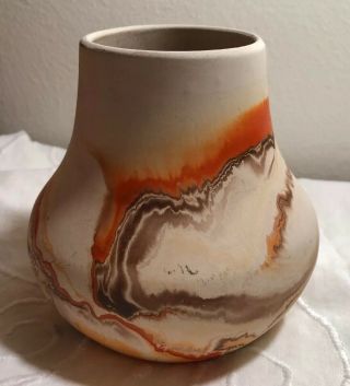 Nemadji Pottery Vase 4.  25” Orange Brown Marbled Ceramic Vintage Southwest Decor