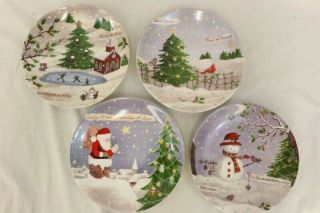 Lenox Christmas Collage Set Of 4 - 8” Plates Salad Dessert Santa Snowman