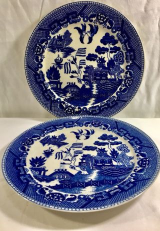 2 Vintage Flow Blue Willow Dinner Plate 9.  25” Pagoda Birds Japan