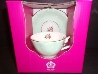Royal Albert Tea Cup & Saucer Set Polka Rose Vintage Green With White Dots