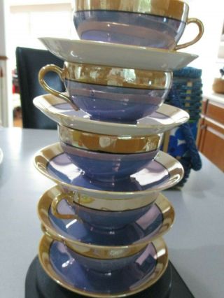 Vintage Set Of 5 Lustreware Blue And Gold Iridescent Teacups,  Saucers