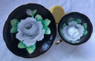 Teacup & Saucer Japanese Hand - Painted White Rose Black Lotus Flower Mark