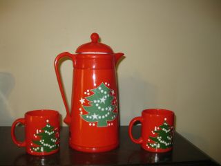 Waechtersbach Christmas Tree Thermos Carafe Hot Or Cold 1 Liter And 2 Mugs