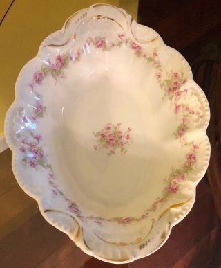 Large Bassett Limoges Austria Porcelain Serving Bowl Pink Roses Green Leaves 9.  5
