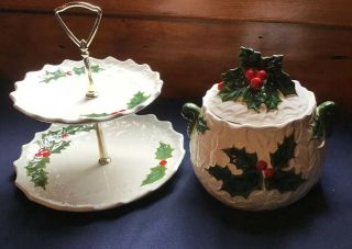 Mid Century Vintage Lefton White Holly Christmas Cookie Jar & Cake Stand 1970
