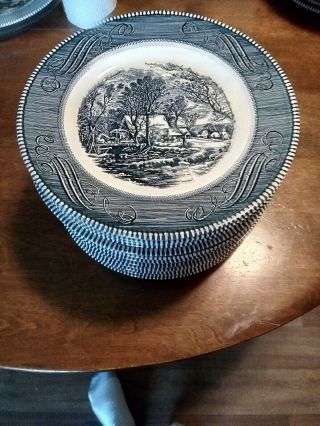 4 Currier & And Ives Blue Dinner Plates 10 " Light Use Royal China Old Grist Mill