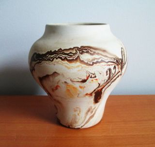 Nemadji Pottery Vase Swirl Ware Brown Orange 5 1/2 " Signed Vintage Usa