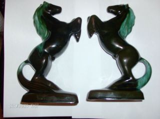 Blue Mountain Potteries Rearing Horse Book Ends In Blue Green Glaze