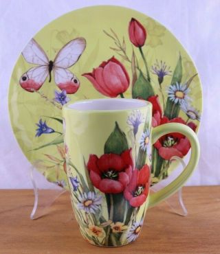Certified International Latte Mug & Plate Yellow Butterfly Red Poppies Winget