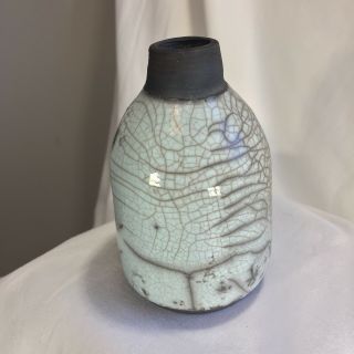 Cream and Gray Art Studio Pottery Vase 3.  5” Unique Crackle Glaze - 3