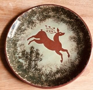 8.  5” Deer Design Redware Plate Folkart Signed