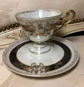 Lefton China Hand Painted Footed Tea Cup And Saucer Luster Black Gold