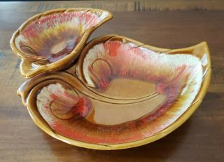 Mid Century Maurice California Pottery Chip & Dip 2 Tier Serving Dish Leaves Euc