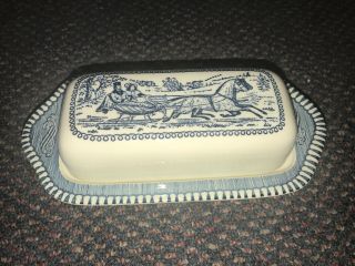 Royal China Currier & Ives Blue White Early Winter Butter Dish