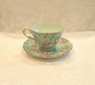 Vintage Shelley Melody Floral Chintz On Green Footed Tea Cup & Saucer