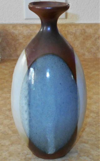 Vtg Handmade Vase Pottery Craft Robert Maxwell Dipped Brown,  White,  Blue - Gray 8 "