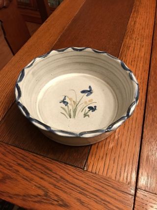 Owens Pottery,  Seagrove,  Nc Pretty Blue Flowers 7 3/4” Bowl W/ Twisted Handles