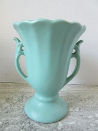 Old Vintage Usa Art Pottery Matte Green Handled Vase