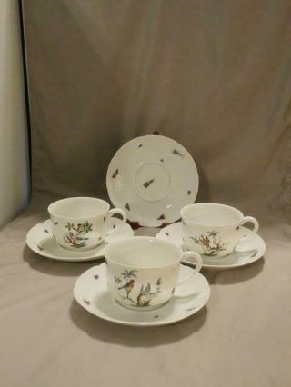 Raynaud Limoges Ceralene Les Oiseaux 3 Cups 4 Saucers Vieil Osier Birds Insects