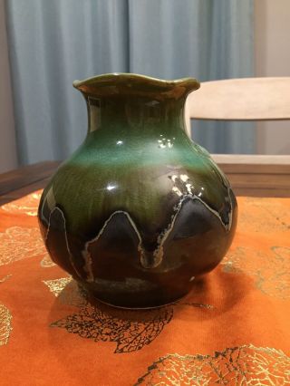 Vintage Green Drip Glaze Art Pottery Vase 5 " X 6 " Green And Brown Textured