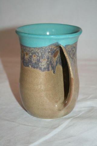Clay In Motion Neher Pottery Hand Warmer Mug Coffee Cup Island Oasis Right Hand