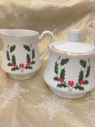 Porcelain Vintage Sugar Bowl And Creamer Set Holly Berry Christmas Holiday