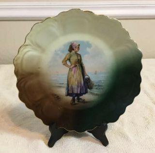 Antique Vintage Dinner Plate,  Bavaria,  Hand Painted,  Dutch Lady At Beach