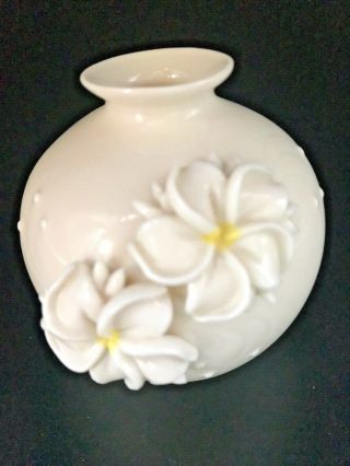 Vintage Dorothy Okumoto Ceramic Vase With Raised Plumeria Flowers,  Hawaii