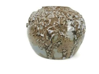 Brutalist Stoneware Pottery Gray Fat Lava Textured Glaze Vase Planter Signed