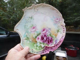 Gorgeous Antique German Reticulated Porcelain Plate / Roses / Savoy