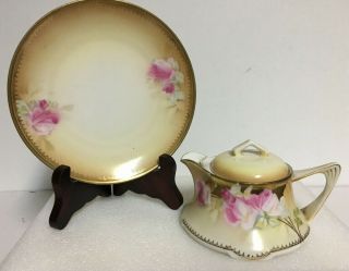 Antique R&s Germany Cream Gold & Pink Rose Design Creamer Pitcher & 6 " Plate