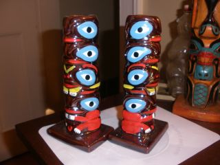 2 Old Vintage Figural Totem Pole Candle Sticks Redware Pottery Hand Painted