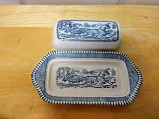 VINTAGE ROYAL CHINA CURRIER & IVES BLUE AND WHITE COVERED BUTTER DISH 2