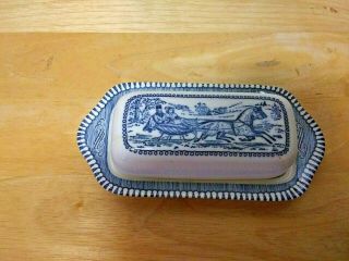 VINTAGE ROYAL CHINA CURRIER & IVES BLUE AND WHITE COVERED BUTTER DISH 3