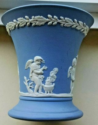 Wedgewood Blue Jasper Ware Cherub Vase 3 1/2 " Initialed,  Signed & Stamped Euc