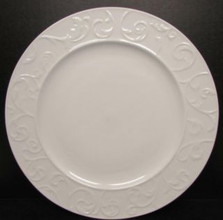 Parchment Engraved By Mikasa Dinner Plate All White Embossed Scroll Rim L47