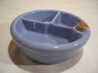 Vtg Baby Food Warming Dish 3 Compartments.  Blue Ceramic/ Cork