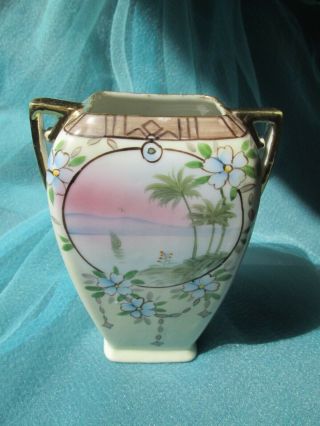 Vintage Nippon 5 1/2 " Vase Lake Scene Hand Painted In Japan 2 Gold Handles