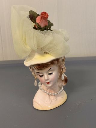 Vintage Small Size 5” Lady Head Vase With Yellow Accents And Pearls