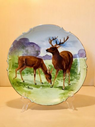 Antique Limoges Hand Painted Coronet 10 " Two Deer Plate Artist Signed