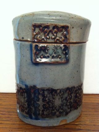 Rustic Stoneware Grey Blue Brown Floral Band Pottery Trinket Box Lid Jar 5 " Tall