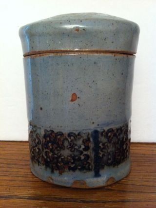 Rustic Stoneware Grey Blue Brown Floral Band Pottery Trinket Box Lid Jar 5 