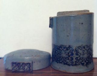 Rustic Stoneware Grey Blue Brown Floral Band Pottery Trinket Box Lid Jar 5 