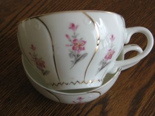 Vintage 2 China Tea Cups Yamaka Japan White With Pink Rose Flower & Gold Accent
